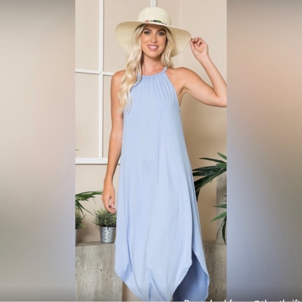42Pops Daisy and Denim Sky Blue Halter Maxi Dress Size Medium